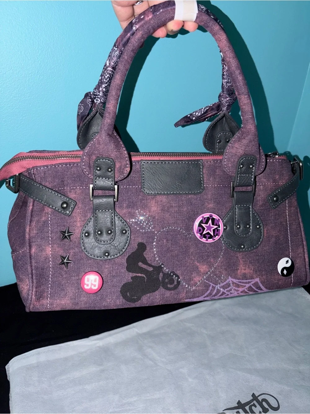 Von Dutch Bree Purple Pink Handbag with Lock, Twilly, and Pins NWT